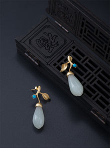 Bastiee Gold Plated Jade Drop Earrings Turquoise 925 Sterling Silver Jewelry For Women Accessories Magnolia Flower Earings Gifts