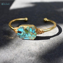 Load image into Gallery viewer, BM27695 Raw Turquoise Bracelet Cuff Adjustable Boho Raw Stone Gold Bangle Raw Brass Mojave Turquoise Jewelry Bridesmaid Gift