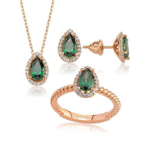 Valori Jewels 3 Carat, Zirconia Green And White Pear Gemstone, Rose Gold Plated, Sterling Silver Trio Set