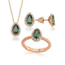 Load image into Gallery viewer, Valori Jewels 3 Carat, Zirconia Green And White Pear Gemstone, Rose Gold Plated, Sterling Silver Trio Set