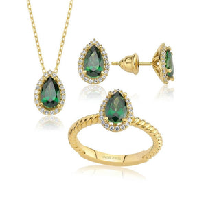 Valori Jewels 3 Carat, Zirconia Green And White Pear Gemstone, Rose Gold Plated, Sterling Silver Trio Set