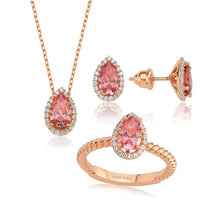 Load image into Gallery viewer, Valori Jewels 3 Carat, Zirconia Green And White Pear Gemstone, Rose Gold Plated, Sterling Silver Trio Set