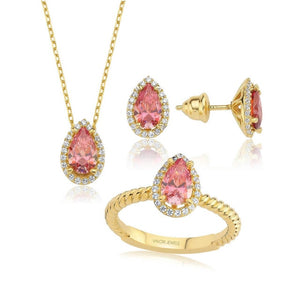 Valori Jewels 3 Carat, Zirconia Green And White Pear Gemstone, Rose Gold Plated, Sterling Silver Trio Set