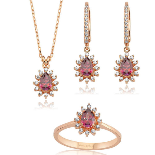 Valori Jewels 1.32 Carat, Elegant Drop, Zirconia Red And White Pear Gemstone, Rose Gold Plated, Sterling Silver Trio Set