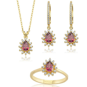 Valori Jewels 1.32 Carat, Elegant Drop, Zirconia Red And White Pear Gemstone, Rose Gold Plated, Sterling Silver Trio Set