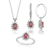 Load image into Gallery viewer, Valori Jewels 1.32 Carat, Elegant Drop, Zirconia Red And White Pear Gemstone, Rose Gold Plated, Sterling Silver Trio Set