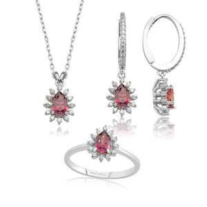 Valori Jewels 1.32 Carat, Elegant Drop, Zirconia Red And White Pear Gemstone, Rose Gold Plated, Sterling Silver Trio Set