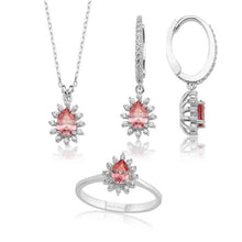 Load image into Gallery viewer, Valori Jewels 1.32 Carat, Elegant Drop, Zirconia Red And White Pear Gemstone, Rose Gold Plated, Sterling Silver Trio Set