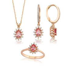 Load image into Gallery viewer, Valori Jewels 1.32 Carat, Elegant Drop, Zirconia Red And White Pear Gemstone, Rose Gold Plated, Sterling Silver Trio Set