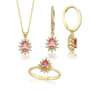 Valori Jewels 1.32 Carat, Elegant Drop, Zirconia Red And White Pear Gemstone, Rose Gold Plated, Sterling Silver Trio Set