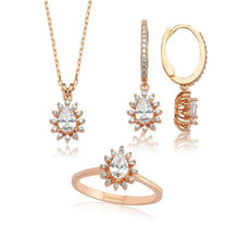 Load image into Gallery viewer, Valori Jewels 1.32 Carat, Elegant Drop, Zirconia Red And White Pear Gemstone, Rose Gold Plated, Sterling Silver Trio Set