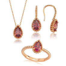 Load image into Gallery viewer, Valori Jewels 3 Carat, Zirconia Red Pear Gemstone, Rose Gold Plated, Sterling Silver Trio Set