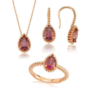 Valori Jewels 3 Carat, Zirconia Red Pear Gemstone, Rose Gold Plated, Sterling Silver Trio Set