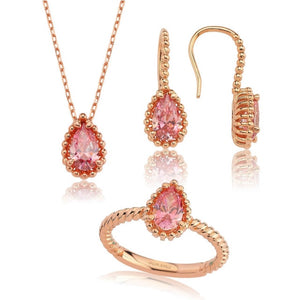 Valori Jewels 3 Carat, Zirconia Red Pear Gemstone, Rose Gold Plated, Sterling Silver Trio Set