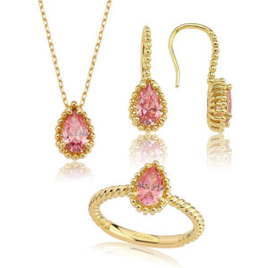 Valori Jewels 3 Carat, Zirconia Red Pear Gemstone, Rose Gold Plated, Sterling Silver Trio Set