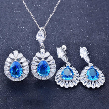 Load image into Gallery viewer, 925 New Luxury Jewelry Set Water Drop Pear-shaped Topaz Blue Diamond Ring Earrings Pendant Necklace For Women Engagement Gift