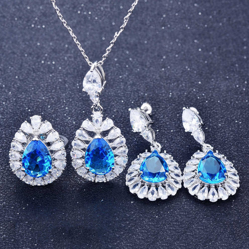 925 New Luxury Jewelry Set Water Drop Pear-shaped Topaz Blue Diamond Ring Earrings Pendant Necklace For Women Engagement Gift