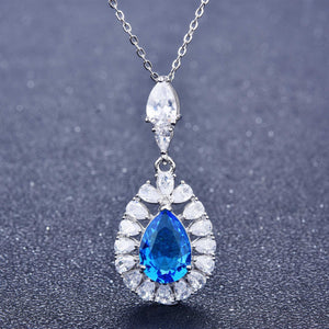 925 New Luxury Jewelry Set Water Drop Pear-shaped Topaz Blue Diamond Ring Earrings Pendant Necklace For Women Engagement Gift