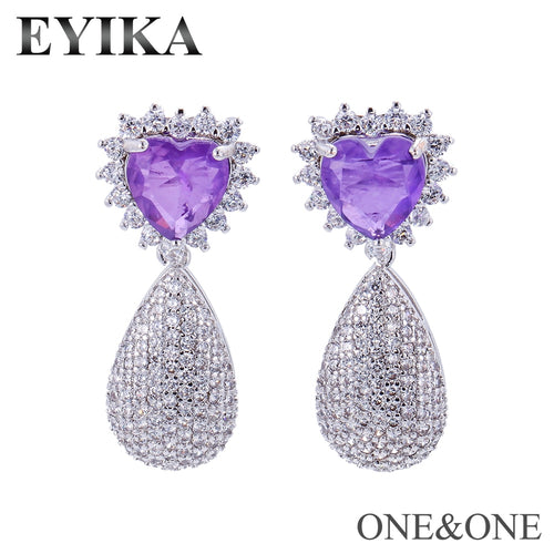 EYIKA Luxury Fusion Crystal Pear Stud Earring Heart Purple Crystal and White Micro Zircon Korean Earings Fashion Women Jewelry