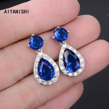 Load image into Gallery viewer, AIYANISHI 925 Sterling Silver Stud Earrings Created Sapphire Water Drop Pear Dangle Earrings for Women Wedding Party Jewelry