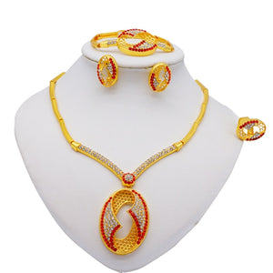 African Jewellery Charm Necklace Earrings Dubai Gold Jewelry Sets for Women Wedding Bridal Bracelet Ring Crystal Jewlery Set