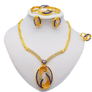 African Jewellery Charm Necklace Earrings Dubai Gold Jewelry Sets for Women Wedding Bridal Bracelet Ring Crystal Jewlery Set