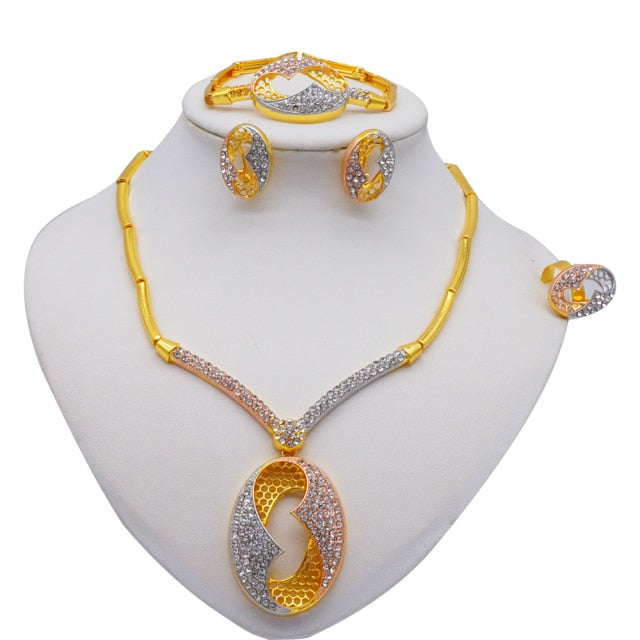 African Jewellery Charm Necklace Earrings Dubai Gold Jewelry Sets for Women Wedding Bridal Bracelet Ring Crystal Jewlery Set