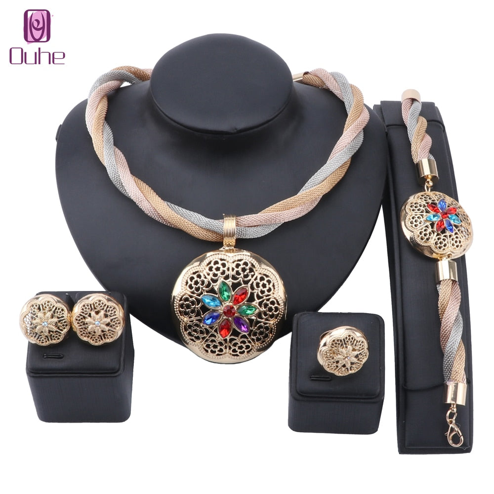 African Jewelry Charm Colorful Crystal Necklace Earring Dubai Gold Jewelry Sets For Women Bridal Party Bracelet Ring Set