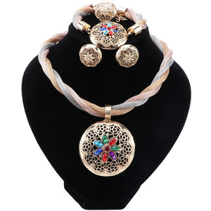 African Jewelry Charm Colorful Crystal Necklace Earring Dubai Gold Jewelry Sets For Women Bridal Party Bracelet Ring Set