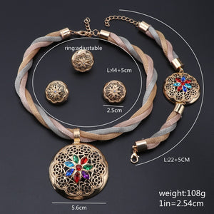 African Jewelry Charm Colorful Crystal Necklace Earring Dubai Gold Jewelry Sets For Women Bridal Party Bracelet Ring Set