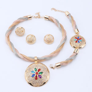 African Jewelry Charm Colorful Crystal Necklace Earring Dubai Gold Jewelry Sets For Women Bridal Party Bracelet Ring Set