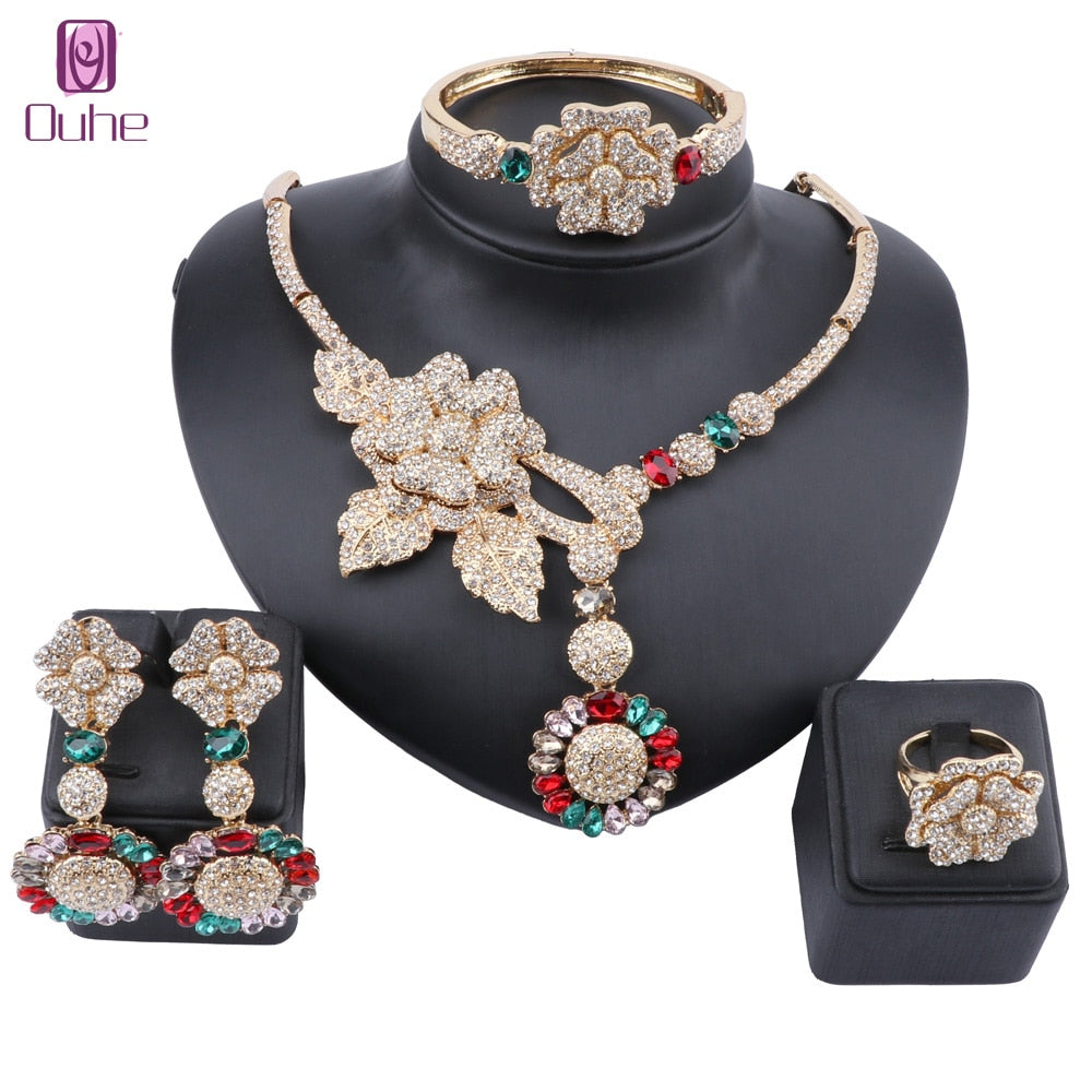 African Jewelry Charm Crystal Necklace Earrings Dubai Gold Jewelry Sets for Women Wedding Bridal Bracelet Ring Jewelry Set