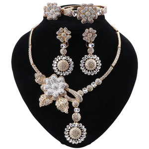 African Jewelry Charm Crystal Necklace Earrings Dubai Gold Jewelry Sets for Women Wedding Bridal Bracelet Ring Jewelry Set