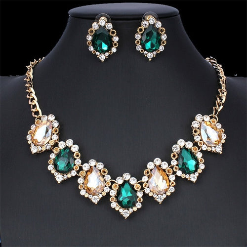 Dubai Green Crystal Big Necklace Bridal Jewelry African Charm Women Stud Earrings Wedding Gift Fashion Jewelry Sets