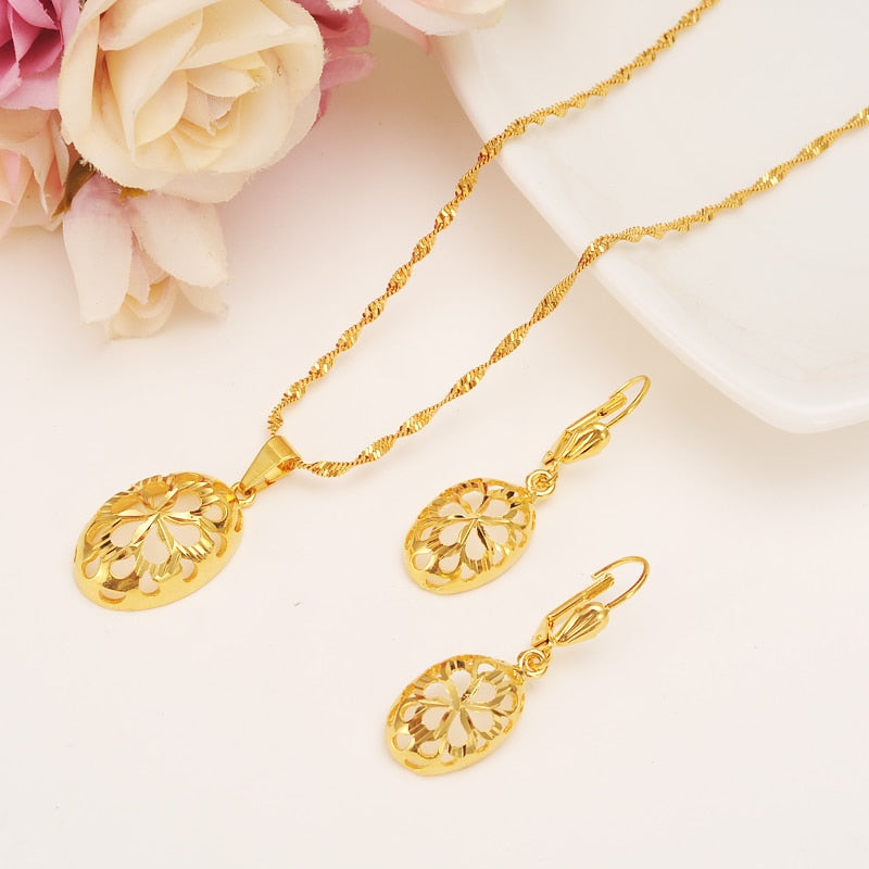 New dubai india gold color Luxurious Fashion african  flower jewelry Set women girls charms pendant necklace earrings gift