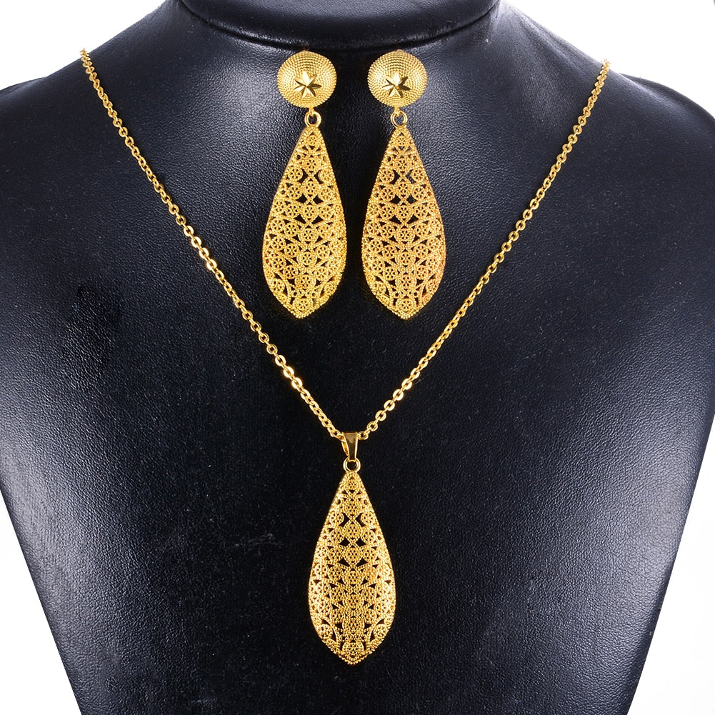 Dubai India Gold Women wedding girl Necklace Earrings Pendant Jewelry Sets Nigerian African Ethiopia Party DIY charms gift ws37