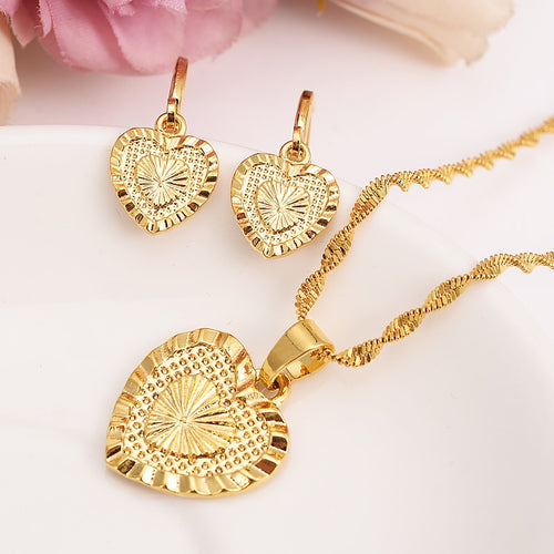 Gold Dubai Vintage African love Jewelry Sets for Women Fashion heart Charms Necklace Earrings Wedding Jewelry Sets Gift