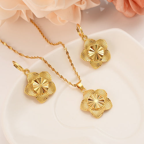 New dubai india gold Luxurious Fashion african flower jewelry Set women girls charms pendant necklace earrings wedding partygift