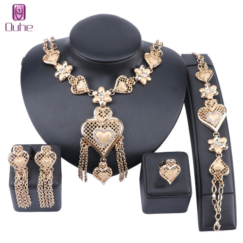 Charm Dubai Gold Color Crystal Jewelry Set For Women African Pendant Tassel Heart Necklace Earrings Ring Party Dress Accessories