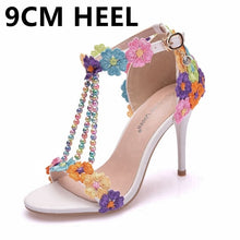 Load image into Gallery viewer, Crystal Queen Women Sandals White Lace Flowers Pearl Tassel Bridal 9cm Heel Fine High Heels Slender Bridal Pumps Wedding Shoes