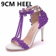 Load image into Gallery viewer, Crystal Queen Women Sandals White Lace Flowers Pearl Tassel Bridal 9cm Heel Fine High Heels Slender Bridal Pumps Wedding Shoes