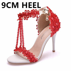 Crystal Queen Women Sandals White Lace Flowers Pearl Tassel Bridal 9cm Heel Fine High Heels Slender Bridal Pumps Wedding Shoes