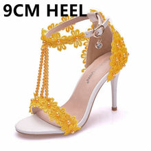 Load image into Gallery viewer, Crystal Queen Women Sandals White Lace Flowers Pearl Tassel Bridal 9cm Heel Fine High Heels Slender Bridal Pumps Wedding Shoes