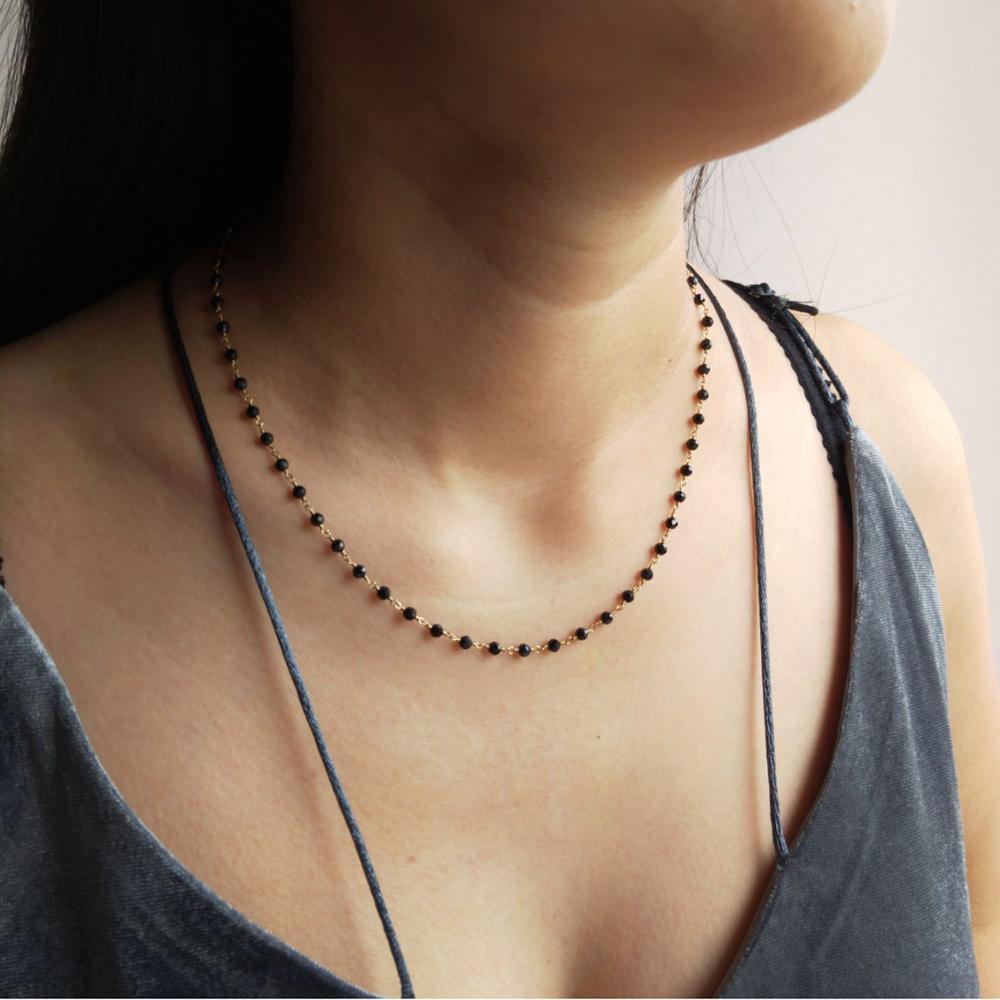 Lily Jewelry Black Spinel 3mm Necklace 925 Sterling Silver Gold color Handmade Delicate Neckalce 45cm For Gift Dropshipping