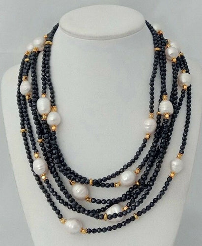 HABITOO Ethnic Style 18 Inch 7 Strands Natural Black Spinel White Baroque Pearl Gold Bead Corss Mix Necklace for Women Jewelry