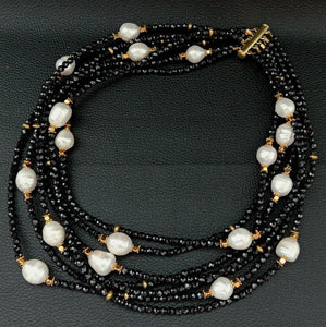 HABITOO Ethnic Style 18 Inch 7 Strands Natural Black Spinel White Baroque Pearl Gold Bead Corss Mix Necklace for Women Jewelry