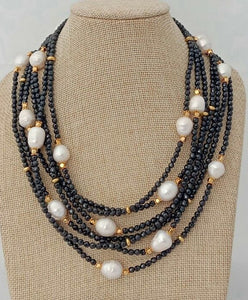 HABITOO Ethnic Style 18 Inch 7 Strands Natural Black Spinel White Baroque Pearl Gold Bead Corss Mix Necklace for Women Jewelry