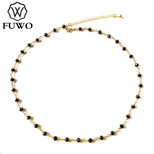 FUWO Handmade Black Spinels 3.5mm Brass Necklaces High Quality Anti-Tarnish Black Crystal Beaded Chains For Jewelry Making NC014