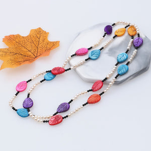 Free shipping 35 inch single row mix color mother of pearl leaf tiny spinel real natural pearl beads sweater necklace for women