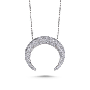 Silver 925 Sterling Zircon Cubic Zirconia Reverse Crescent Necklace